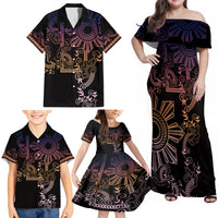 Filipino Sun Tribal Tattoo Family Matching Off Shoulder Maxi Dress and Hawaiian Shirt Philippines Inspired Barong Pink Art LT9 - Polynesian Pride