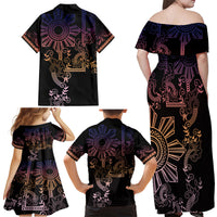 Filipino Sun Tribal Tattoo Family Matching Off Shoulder Maxi Dress and Hawaiian Shirt Philippines Inspired Barong Pink Art LT9 - Polynesian Pride