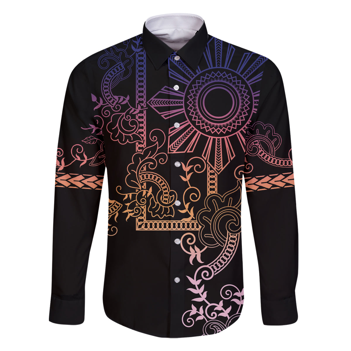 Filipino Sun Tribal Tattoo Family Matching Off Shoulder Maxi Dress and Hawaiian Shirt Philippines Inspired Barong Pink Art LT9 Dad's Shirt - Long Sleeve Pink - Polynesian Pride