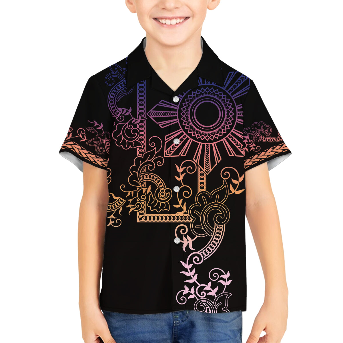Filipino Sun Tribal Tattoo Family Matching Off Shoulder Maxi Dress and Hawaiian Shirt Philippines Inspired Barong Pink Art LT9 Son's Shirt Pink - Polynesian Pride