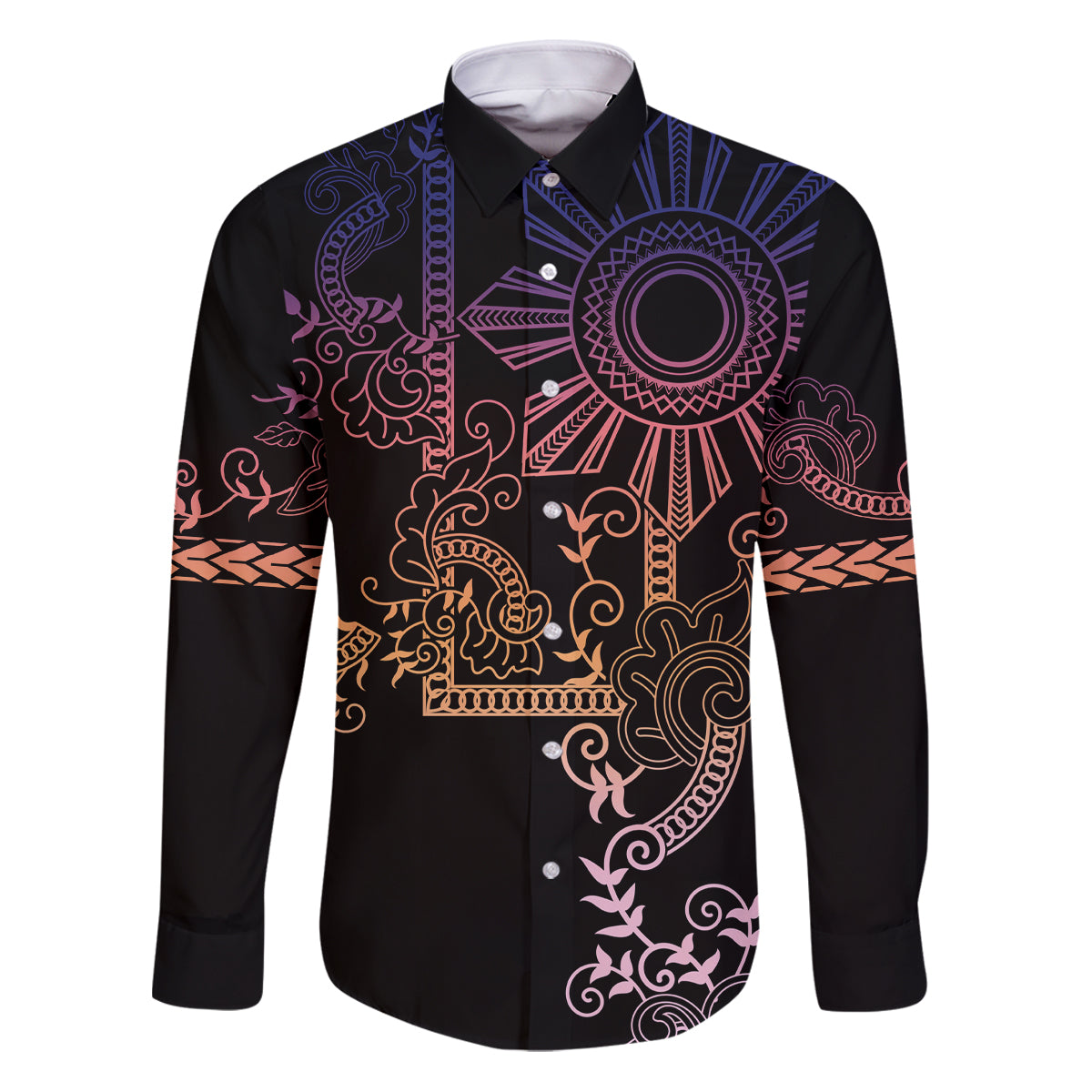 Filipino Sun Tribal Tattoo Family Matching Puletasi and Hawaiian Shirt Philippines Inspired Barong Pink Art LT9 Dad's Shirt - Long Sleeve Pink - Polynesian Pride
