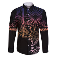 Filipino Sun Tribal Tattoo Family Matching Puletasi and Hawaiian Shirt Philippines Inspired Barong Pink Art LT9 Dad's Shirt - Long Sleeve Pink - Polynesian Pride