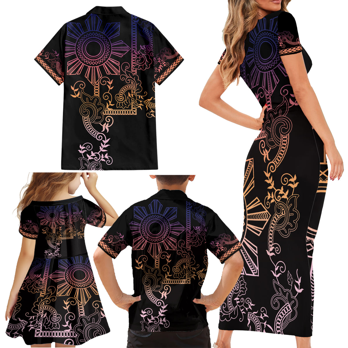 Filipino Sun Tribal Tattoo Family Matching Short Sleeve Bodycon Dress and Hawaiian Shirt Philippines Inspired Barong Pink Art LT9 - Polynesian Pride