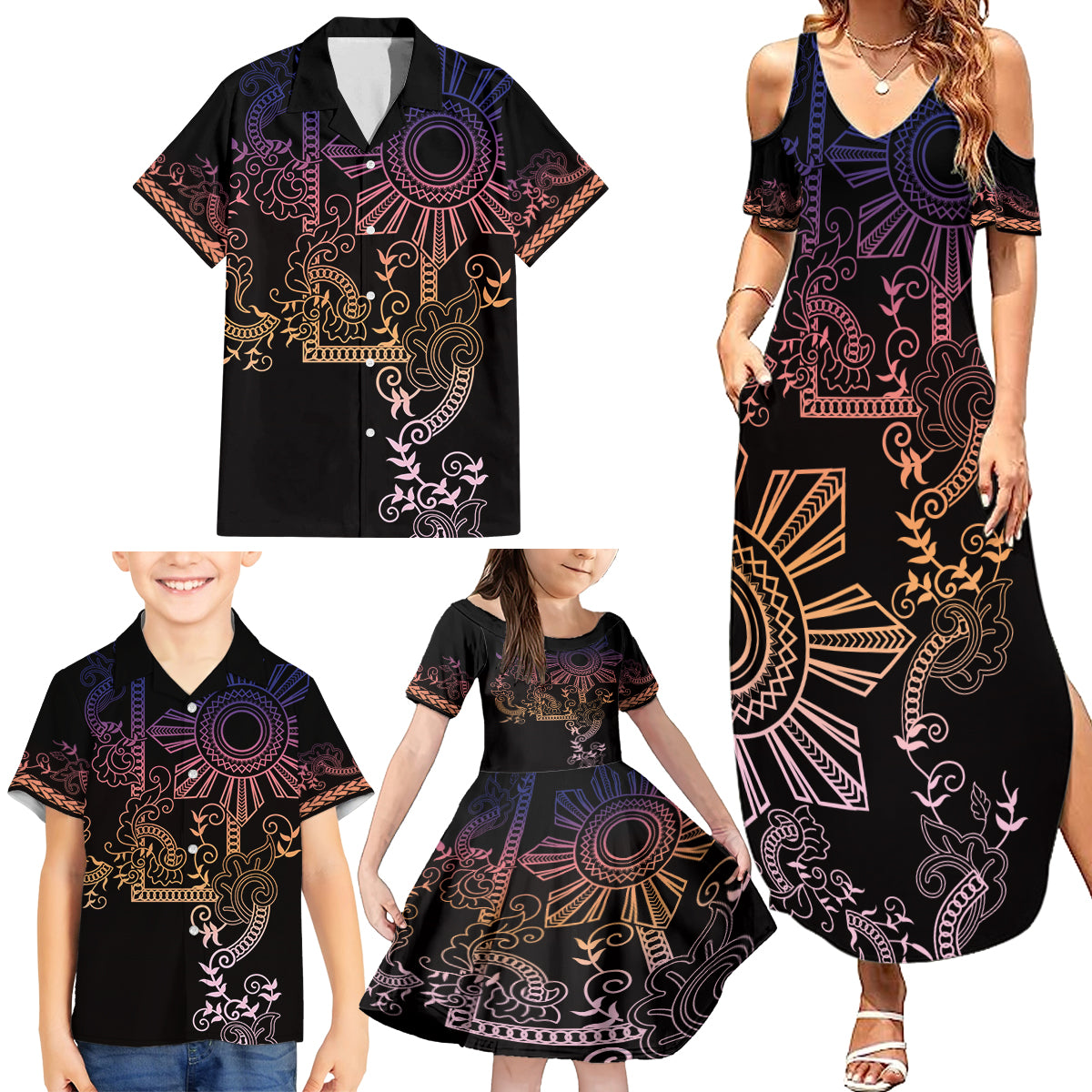 Filipino Sun Tribal Tattoo Family Matching Summer Maxi Dress and Hawaiian Shirt Philippines Inspired Barong Pink Art LT9 - Polynesian Pride