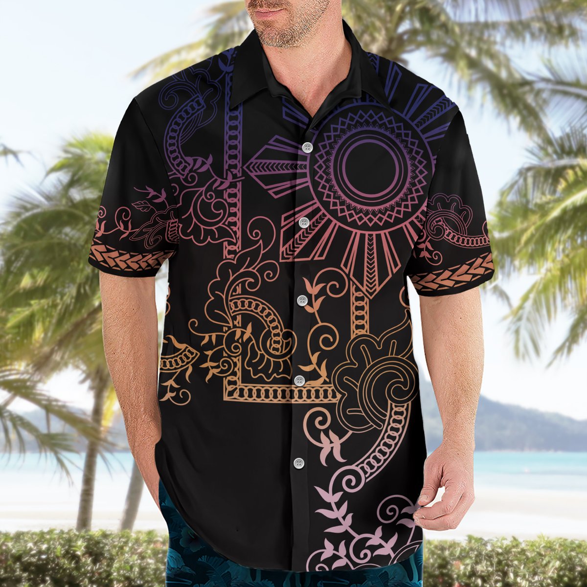Filipino Sun Tribal Tattoo Hawaiian Shirt Philippines Inspired Barong Pink Art