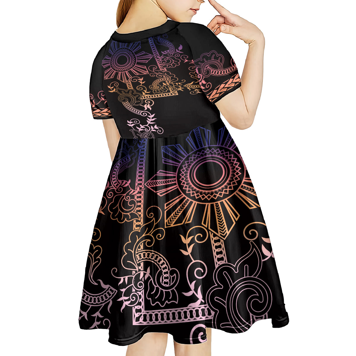 Filipino Sun Tribal Tattoo Kid Short Sleeve Dress Philippines Inspired Barong Pink Art