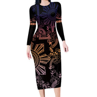 Filipino Sun Tribal Tattoo Long Sleeve Bodycon Dress Philippines Inspired Barong Pink Art LT9 Long Dress Pink - Polynesian Pride