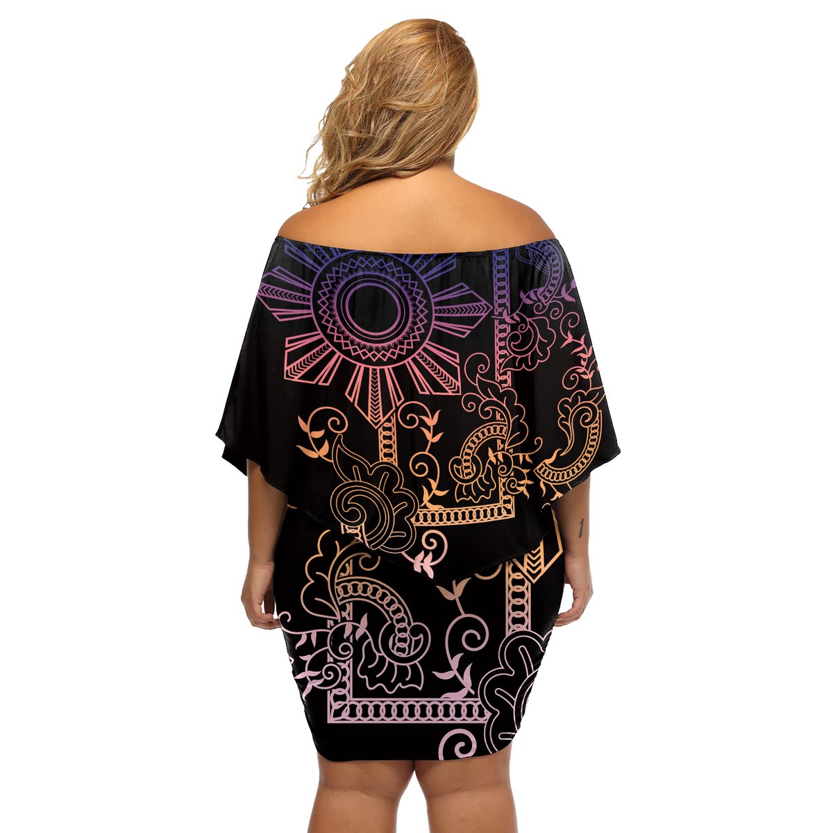Filipino Sun Tribal Tattoo Off Shoulder Short Dress Philippines Inspired Barong Pink Art