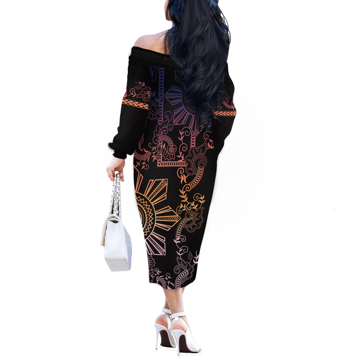 Filipino Sun Tribal Tattoo Off The Shoulder Long Sleeve Dress Philippines Inspired Barong Pink Art LT9 - Polynesian Pride