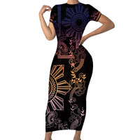 Filipino Sun Tribal Tattoo Short Sleeve Bodycon Dress Philippines Inspired Barong Pink Art LT9 Long Dress Pink - Polynesian Pride
