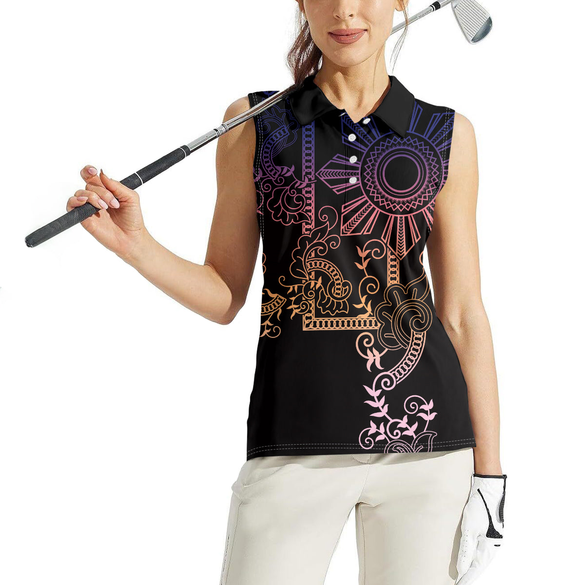 Filipino Sun Tribal Tattoo Women Sleeveless Polo Shirt Philippines Inspired Barong Pink Art LT9 - Polynesian Pride