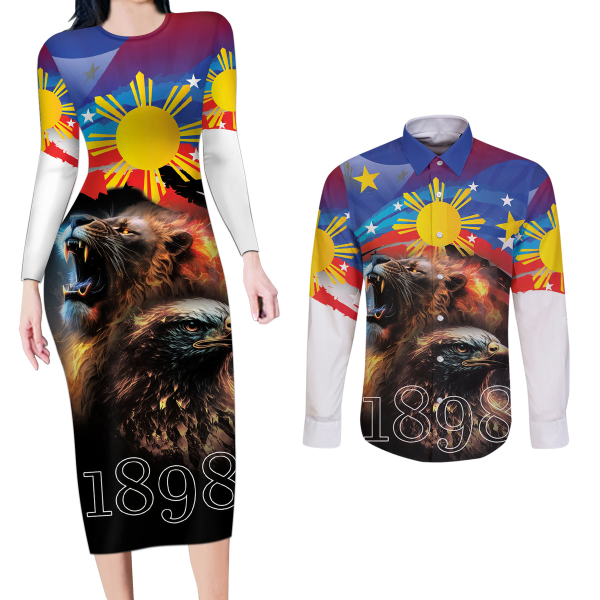 Philippines Lion and Eagle 1898 Couples Matching Long Sleeve Bodycon Dress and Long Sleeve Button Shirt Pilipinas Maligayang Araw ng Kalayaan LT9 Black - Polynesian Pride
