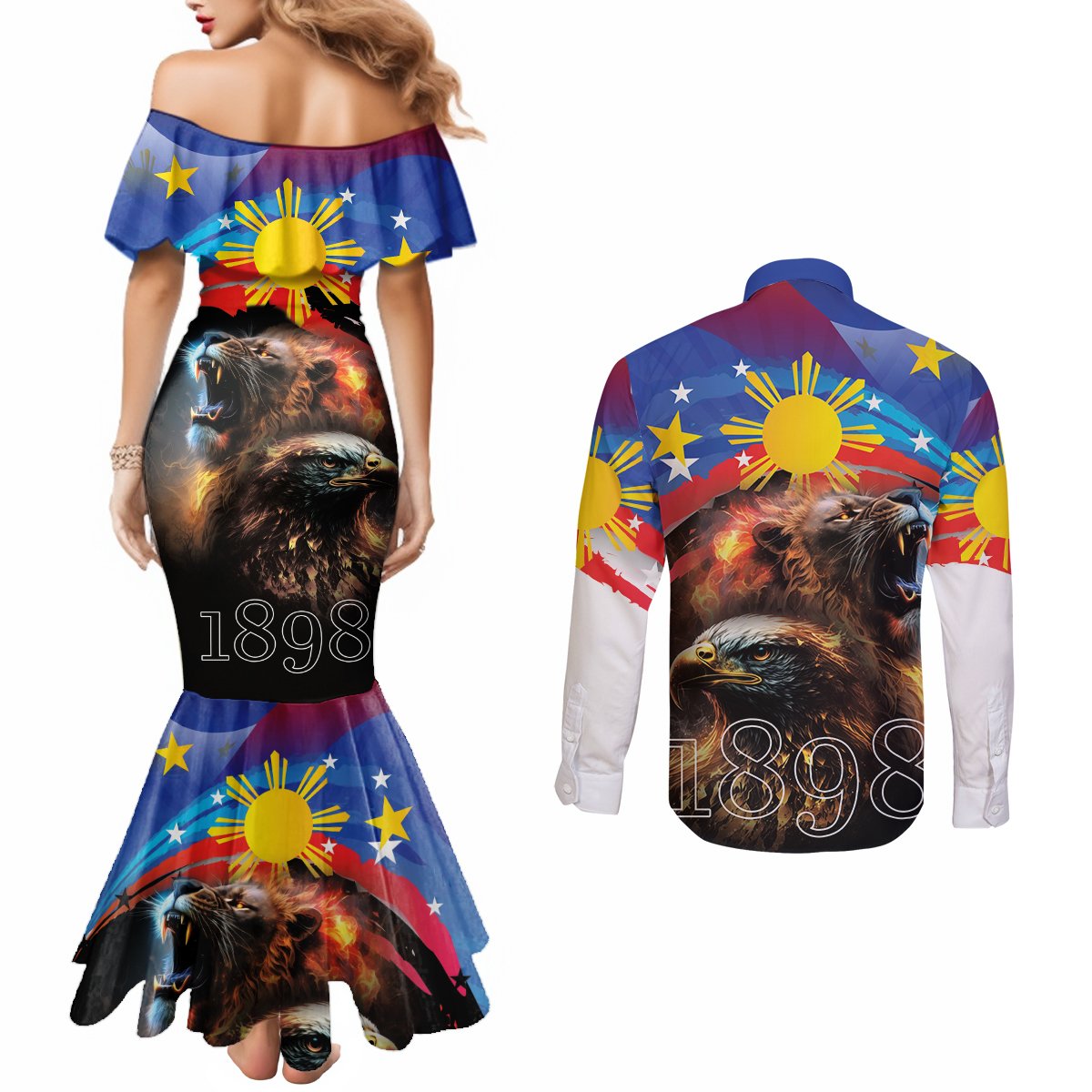 Philippines Lion and Eagle 1898 Couples Matching Mermaid Dress and Long Sleeve Button Shirt Pilipinas Maligayang Araw ng Kalayaan