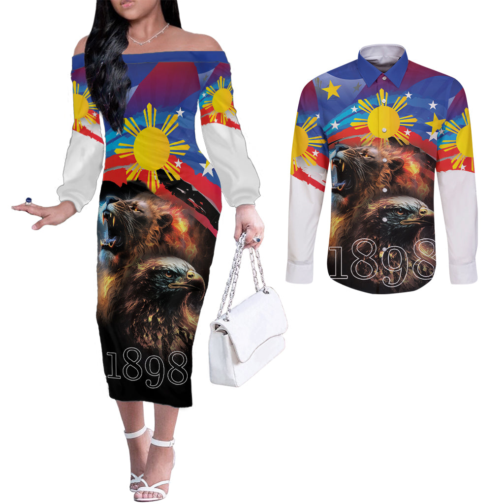 Philippines Lion and Eagle 1898 Couples Matching Off The Shoulder Long Sleeve Dress and Long Sleeve Button Shirt Pilipinas Maligayang Araw ng Kalayaan LT9 Black - Polynesian Pride