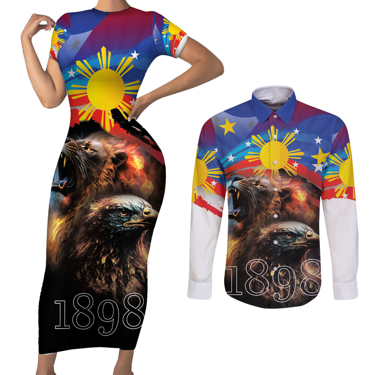 Philippines Lion and Eagle 1898 Couples Matching Short Sleeve Bodycon Dress and Long Sleeve Button Shirt Pilipinas Maligayang Araw ng Kalayaan LT9 Black - Polynesian Pride