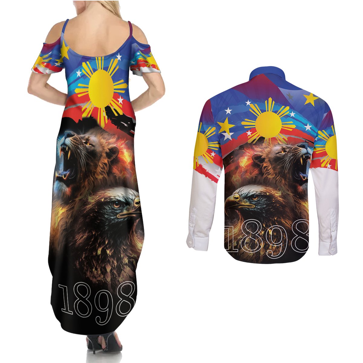 Philippines Lion and Eagle 1898 Couples Matching Summer Maxi Dress and Long Sleeve Button Shirt Pilipinas Maligayang Araw ng Kalayaan