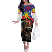 Philippines Lion and Eagle 1898 Family Matching Off The Shoulder Long Sleeve Dress and Hawaiian Shirt Pilipinas Maligayang Araw ng Kalayaan LT9 Mom's Dress Black - Polynesian Pride