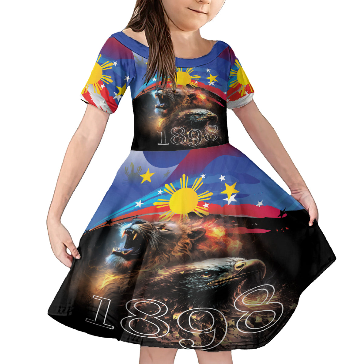 Philippines Lion and Eagle 1898 Family Matching Off Shoulder Maxi Dress and Hawaiian Shirt Pilipinas Maligayang Araw ng Kalayaan LT9 Daughter's Dress Black - Polynesian Pride