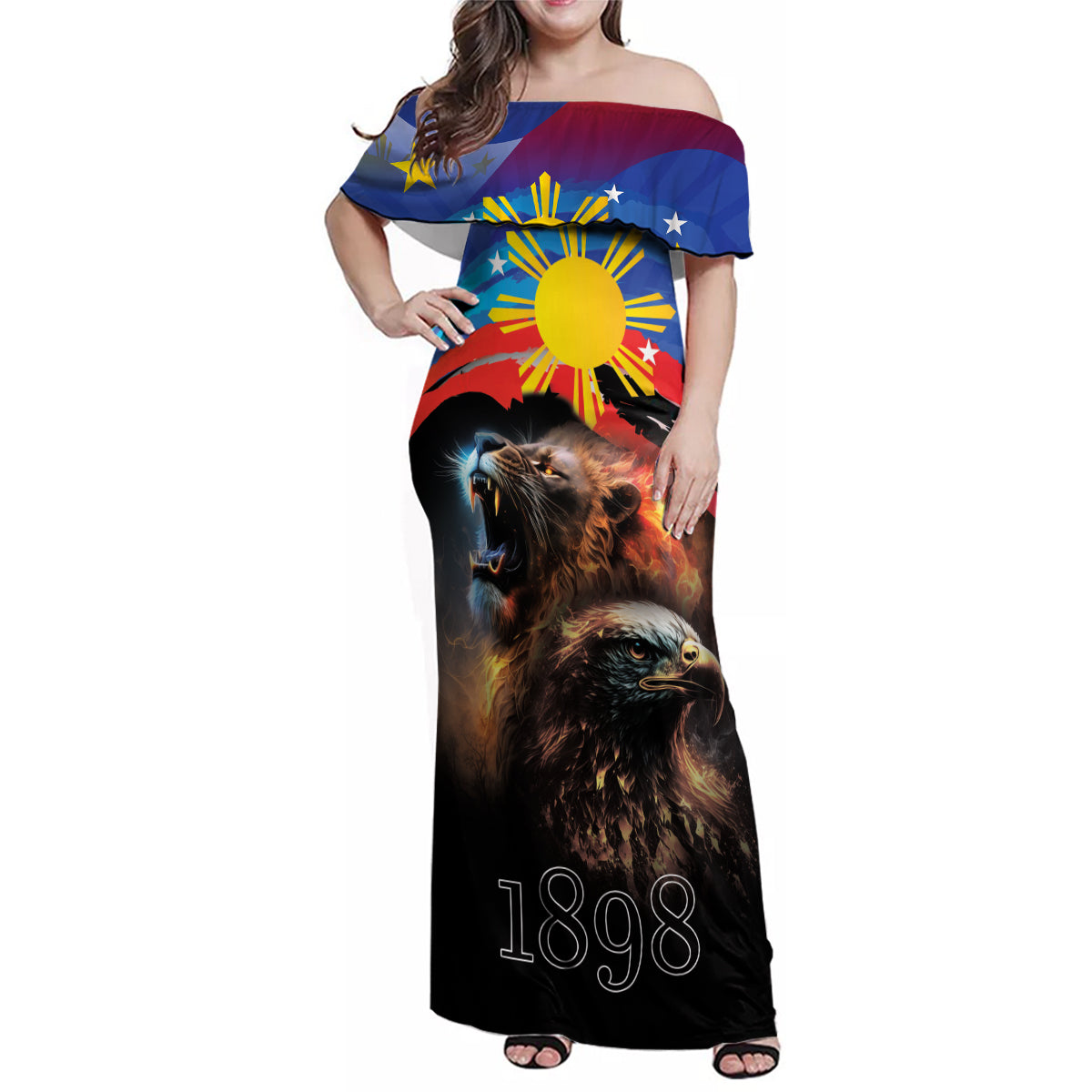 Philippines Lion and Eagle 1898 Family Matching Off Shoulder Maxi Dress and Hawaiian Shirt Pilipinas Maligayang Araw ng Kalayaan LT9 Mom's Dress Black - Polynesian Pride