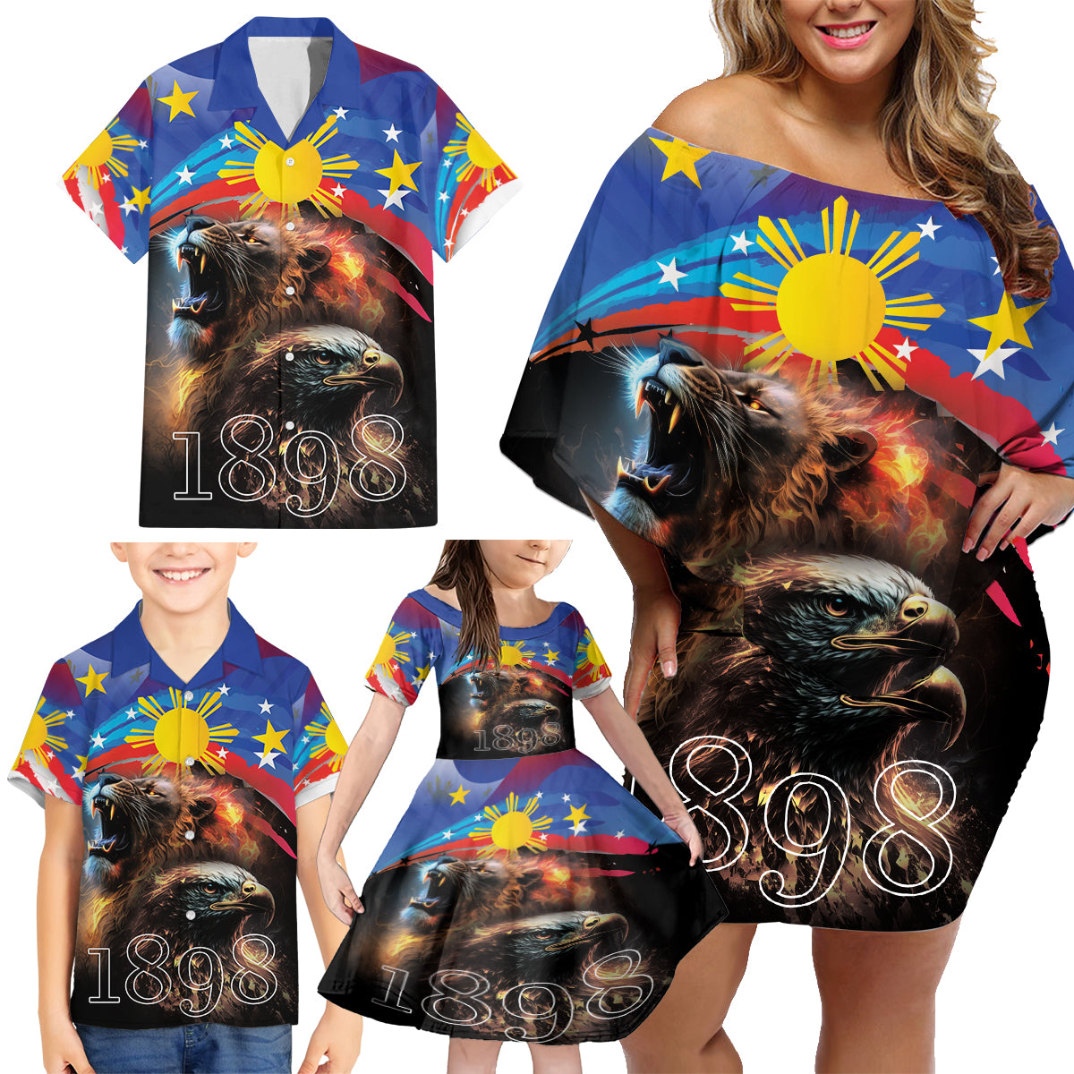 Philippines Lion and Eagle 1898 Family Matching Off Shoulder Short Dress and Hawaiian Shirt Pilipinas Maligayang Araw ng Kalayaan LT9 - Polynesian Pride