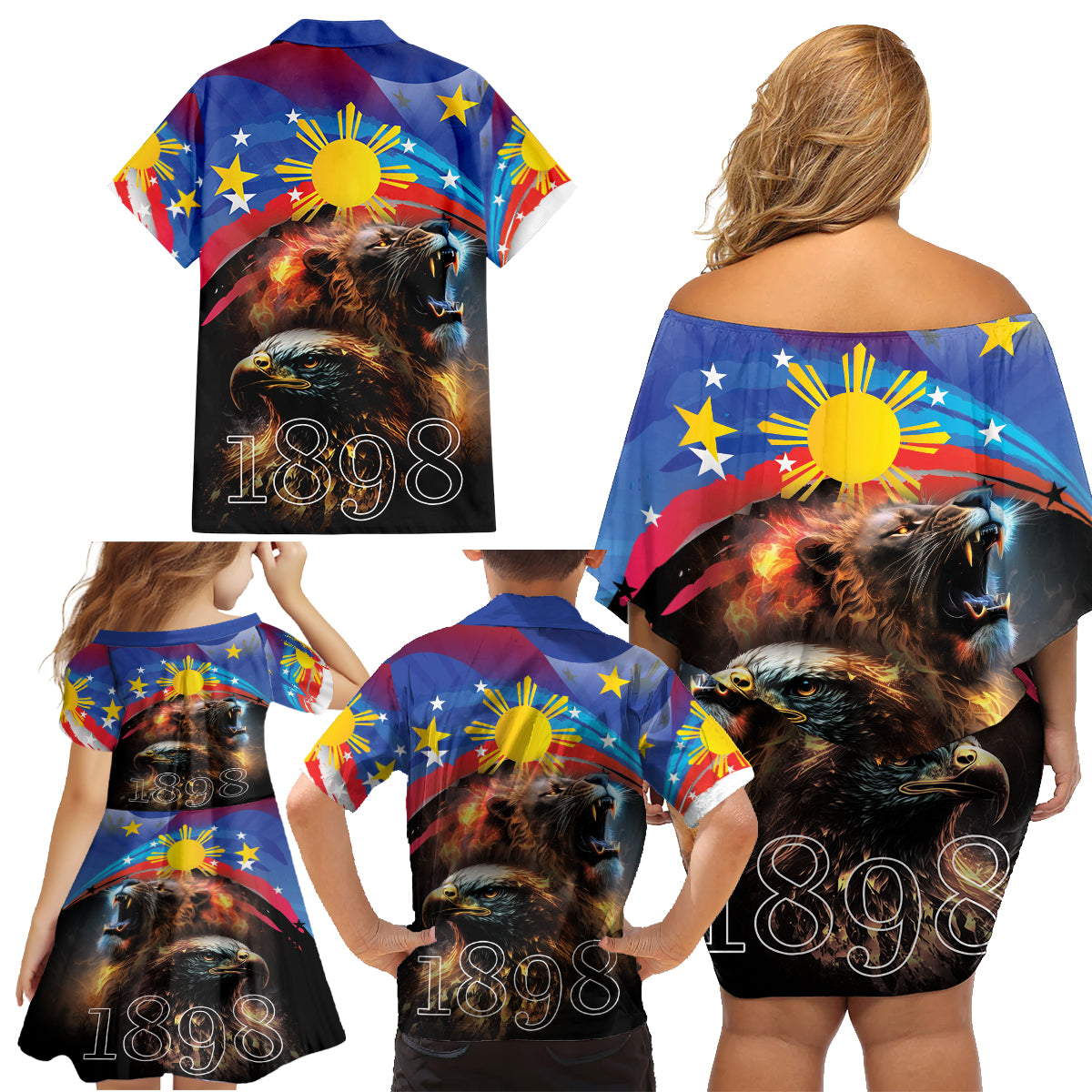 Philippines Lion and Eagle 1898 Family Matching Off Shoulder Short Dress and Hawaiian Shirt Pilipinas Maligayang Araw ng Kalayaan LT9 - Polynesian Pride