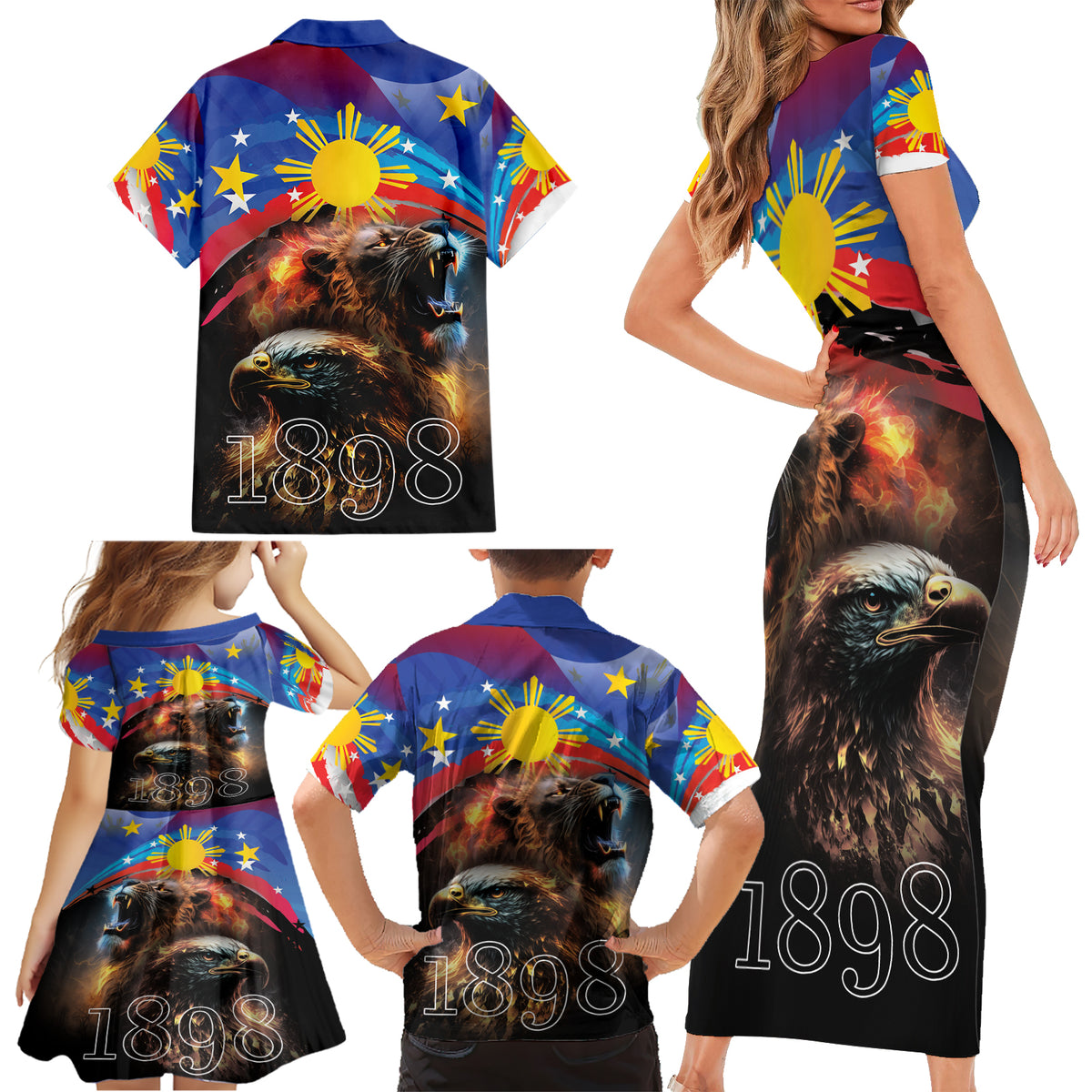 Philippines Lion and Eagle 1898 Family Matching Short Sleeve Bodycon Dress and Hawaiian Shirt Pilipinas Maligayang Araw ng Kalayaan LT9 - Polynesian Pride