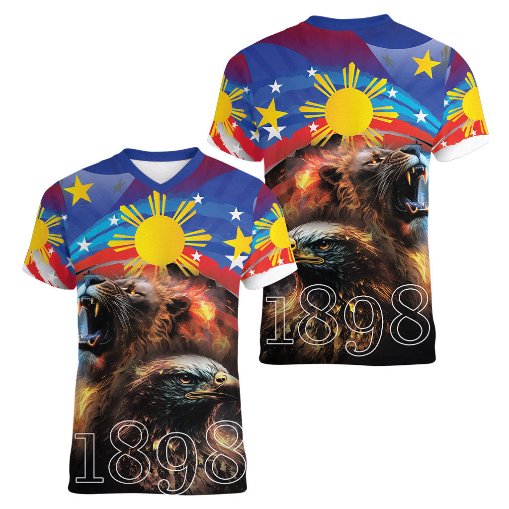 Philippines Lion and Eagle 1898 Women V-Neck T-Shirt Pilipinas Maligayang Araw ng Kalayaan