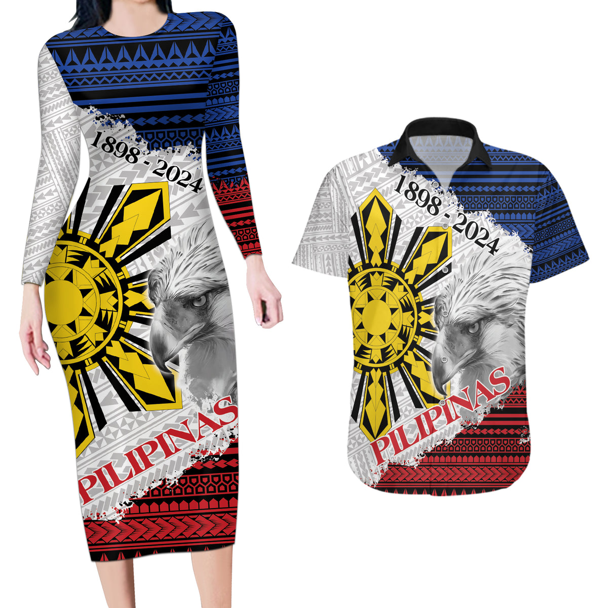 Philippines 126th Independence Day Couples Matching Long Sleeve Bodycon Dress and Hawaiian Shirt Pilipinas Hunyo 12 Maligayang Araw ng Kalayaan LT9 White - Polynesian Pride