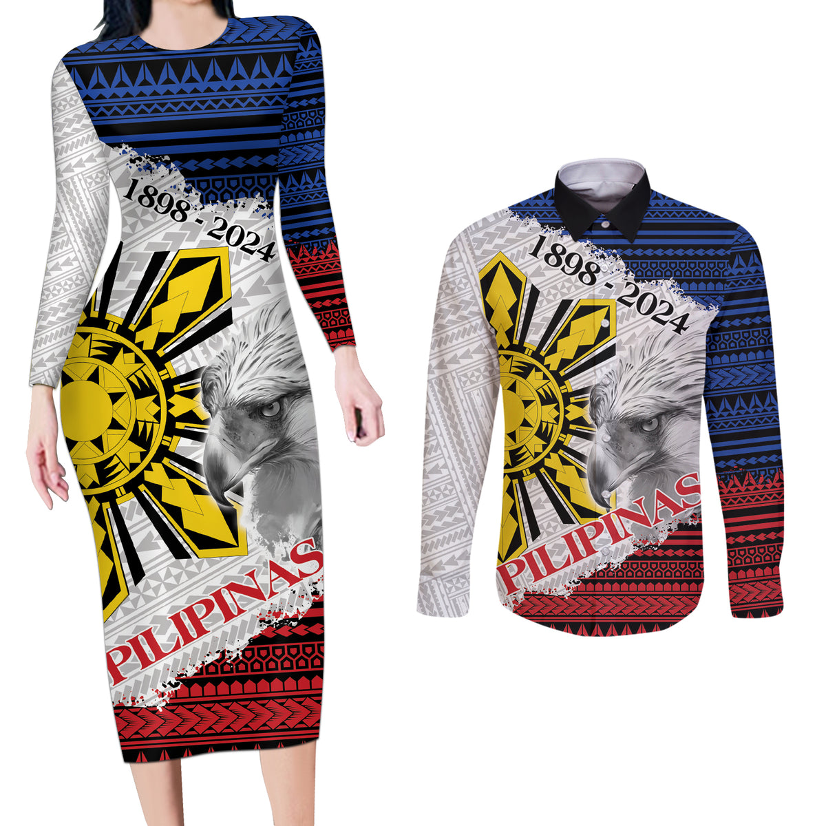 Philippines 126th Independence Day Couples Matching Long Sleeve Bodycon Dress and Long Sleeve Button Shirt Pilipinas Hunyo 12 Maligayang Araw ng Kalayaan LT9 White - Polynesian Pride