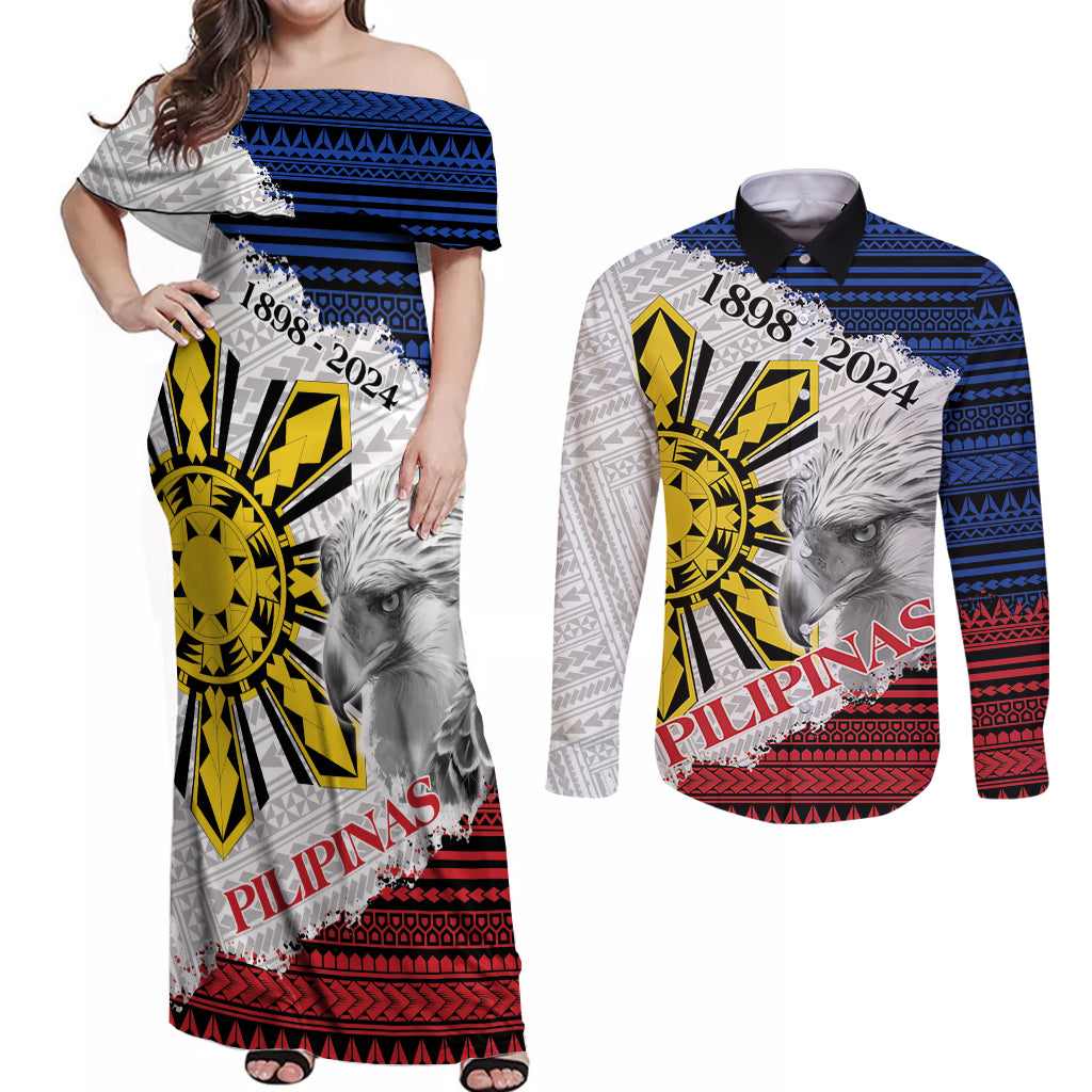 Philippines 126th Independence Day Couples Matching Off Shoulder Maxi Dress and Long Sleeve Button Shirt Pilipinas Hunyo 12 Maligayang Araw ng Kalayaan LT9 White - Polynesian Pride