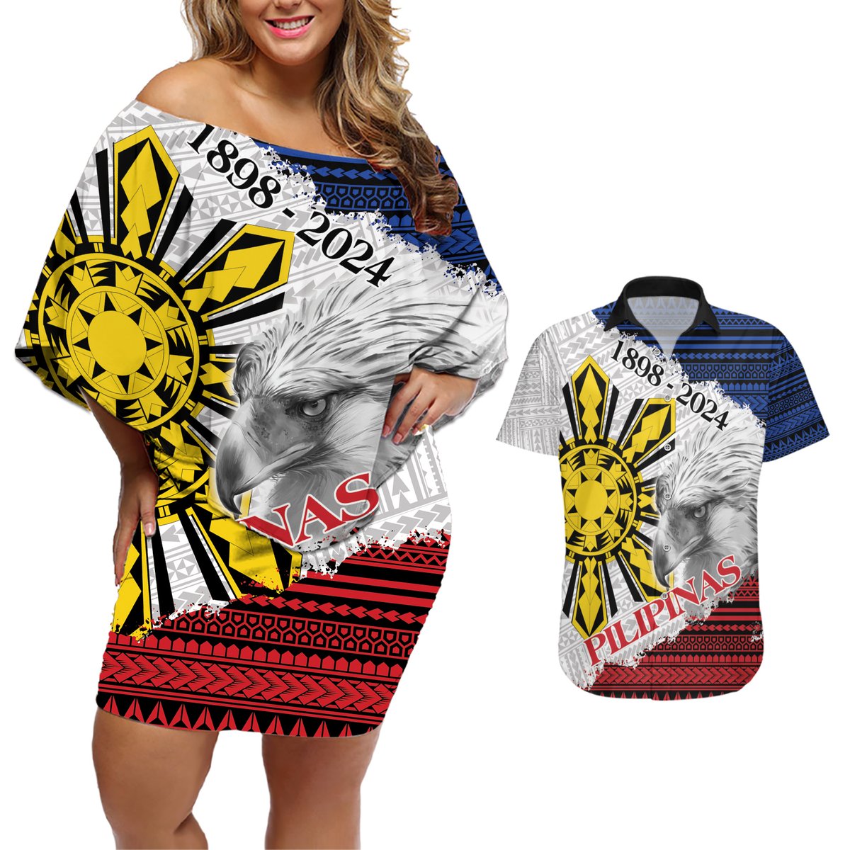 Philippines 126th Independence Day Couples Matching Off Shoulder Short Dress and Hawaiian Shirt Pilipinas Hunyo 12 Maligayang Araw ng Kalayaan LT9 White - Polynesian Pride