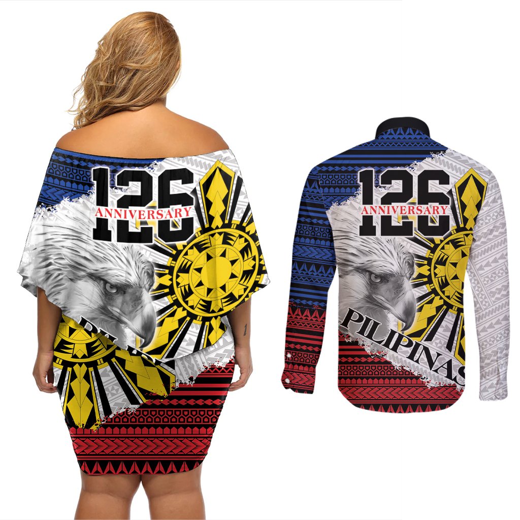 Philippines 126th Independence Day Couples Matching Off Shoulder Short Dress and Long Sleeve Button Shirt Pilipinas Hunyo 12 Maligayang Araw ng Kalayaan LT9 - Polynesian Pride
