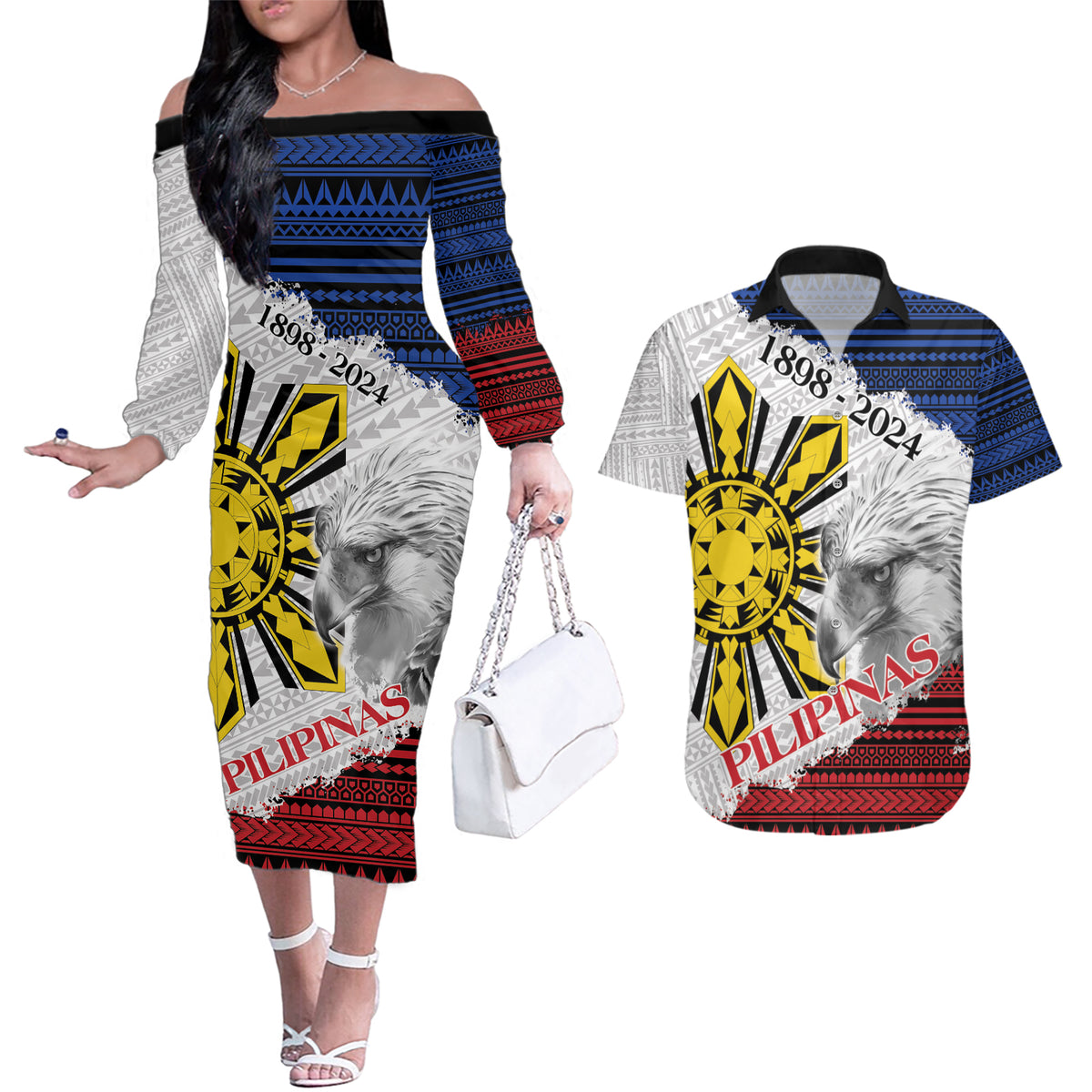 Philippines 126th Independence Day Couples Matching Off The Shoulder Long Sleeve Dress and Hawaiian Shirt Pilipinas Hunyo 12 Maligayang Araw ng Kalayaan LT9 White - Polynesian Pride