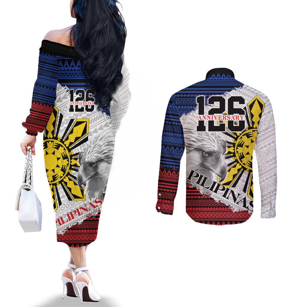 Philippines 126th Independence Day Couples Matching Off The Shoulder Long Sleeve Dress and Long Sleeve Button Shirt Pilipinas Hunyo 12 Maligayang Araw ng Kalayaan LT9 - Polynesian Pride