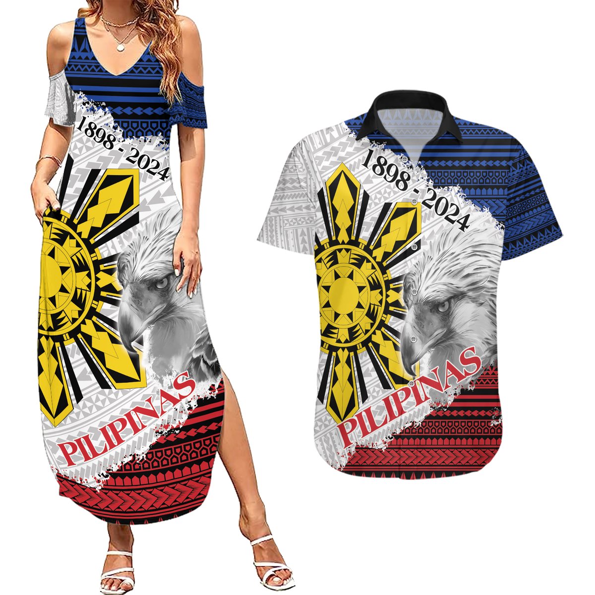 Philippines 126th Independence Day Couples Matching Summer Maxi Dress and Hawaiian Shirt Pilipinas Hunyo 12 Maligayang Araw ng Kalayaan