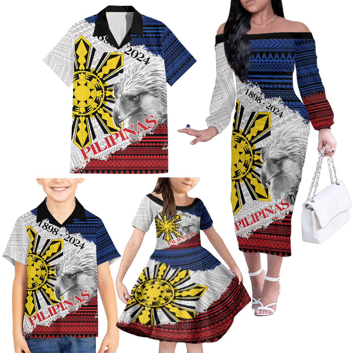 Philippines 126th Independence Day Family Matching Off The Shoulder Long Sleeve Dress and Hawaiian Shirt Pilipinas Hunyo 12 Maligayang Araw ng Kalayaan LT9 - Polynesian Pride