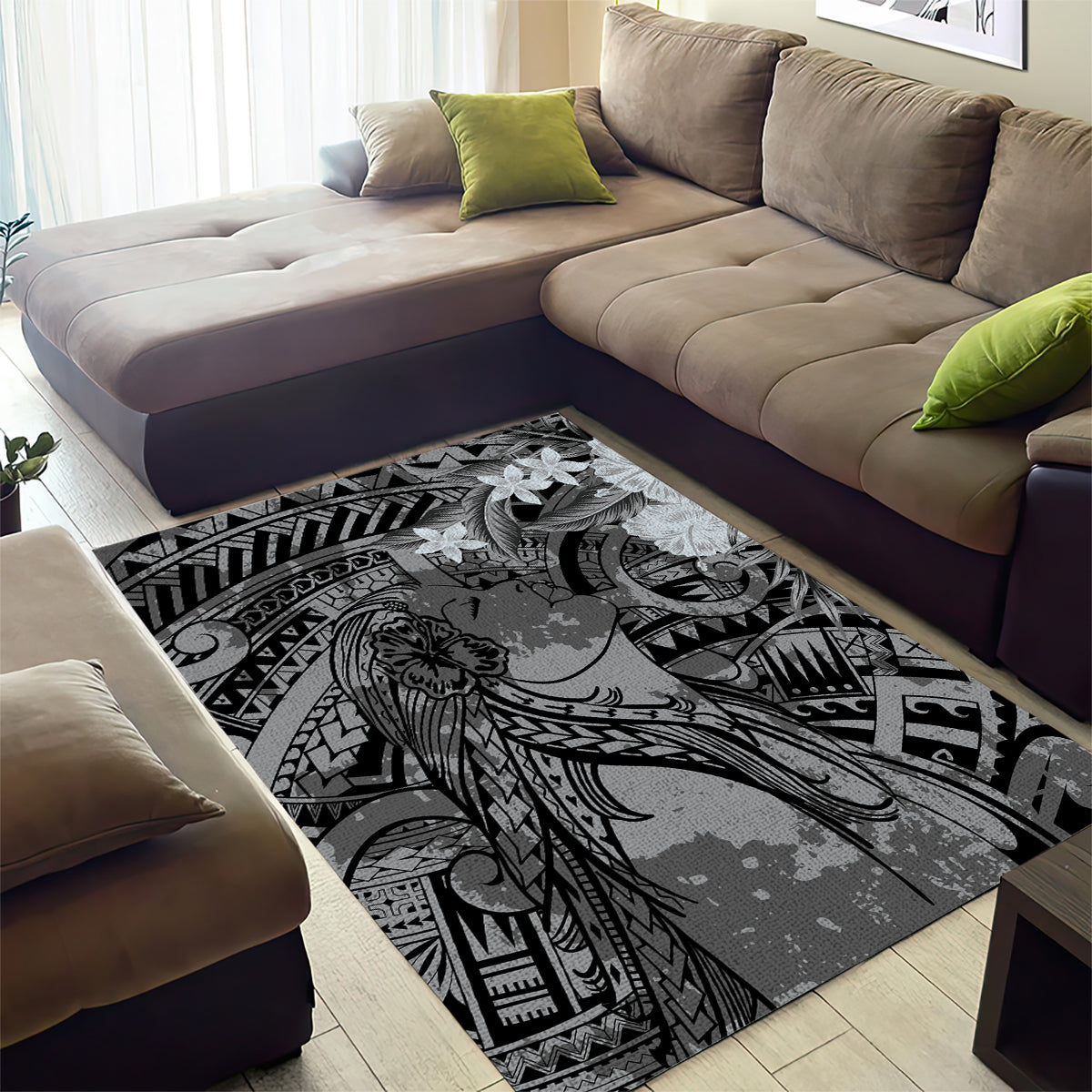 Pacific Beauty Girl Area Rug Black Polyneisan Tribal Vintage Motif
