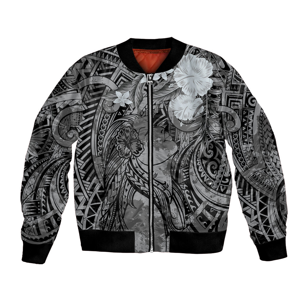 Pacific Beauty Girl Bomber Jacket Black Polyneisan Tribal Vintage Motif