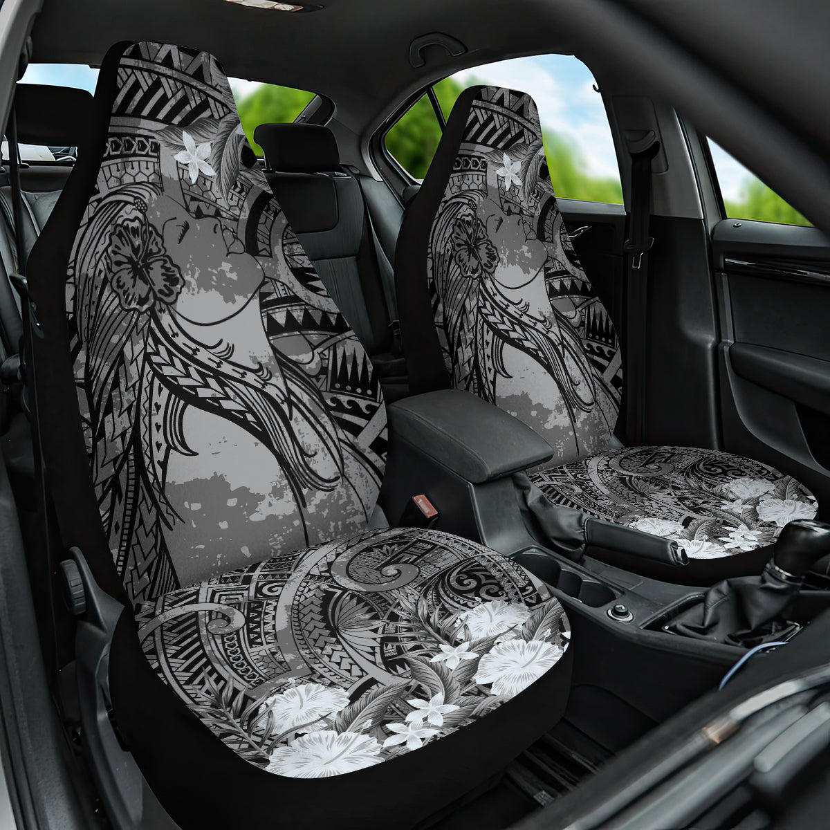 Pacific Beauty Girl Car Seat Cover Black Polyneisan Tribal Vintage Motif