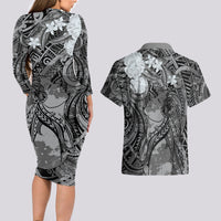 Pacific Beauty Girl Couples Matching Long Sleeve Bodycon Dress and Hawaiian Shirt Black Polyneisan Tribal Vintage Motif LT9 - Polynesian Pride