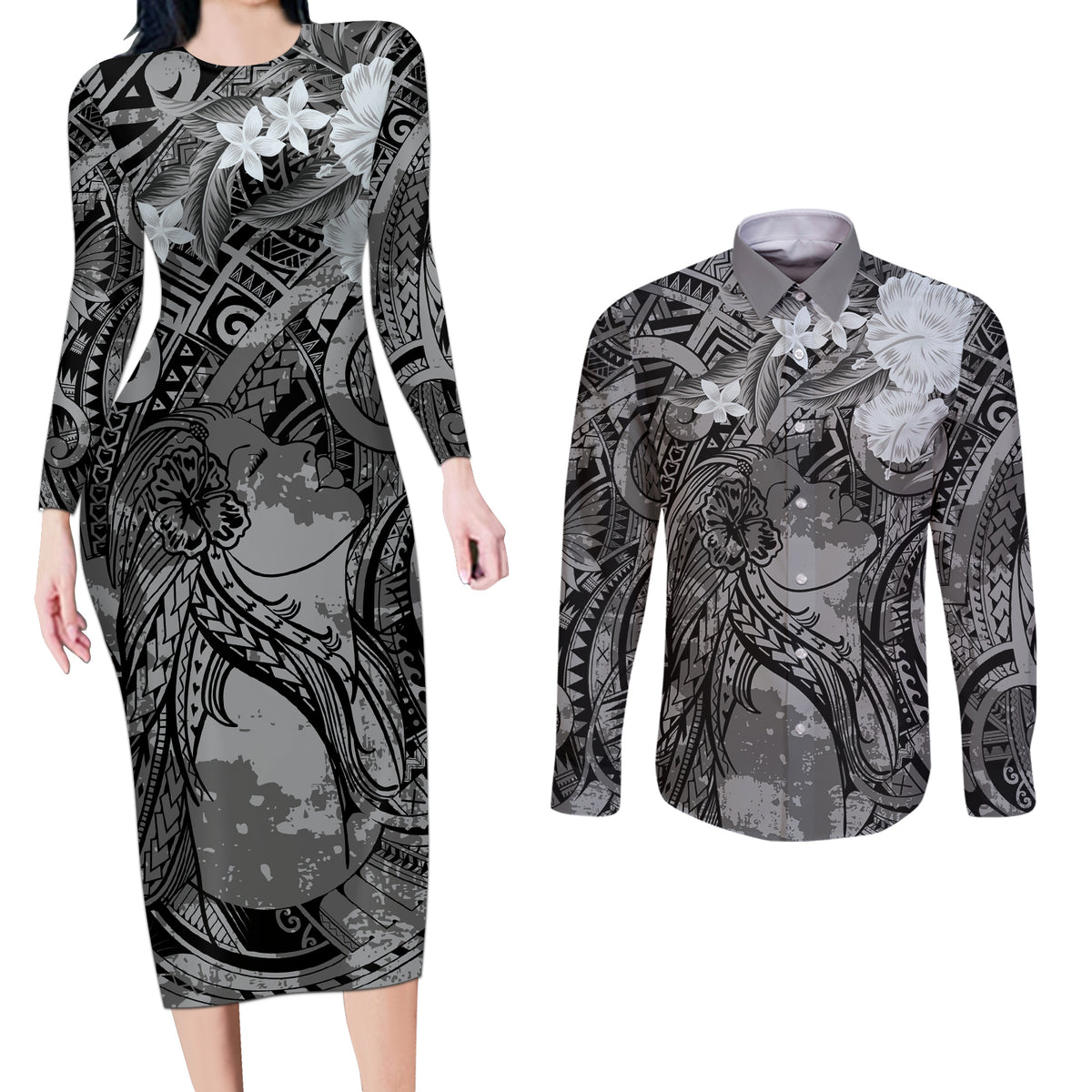 Pacific Beauty Girl Couples Matching Long Sleeve Bodycon Dress and Long Sleeve Button Shirt Black Polyneisan Tribal Vintage Motif LT9 Black - Polynesian Pride