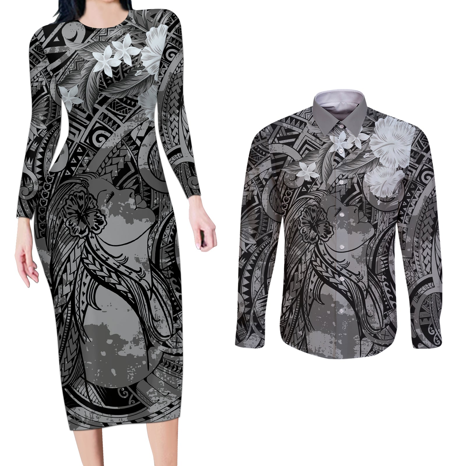 Pacific Beauty Girl Couples Matching Long Sleeve Bodycon Dress and Long Sleeve Button Shirt Black Polyneisan Tribal Vintage Motif