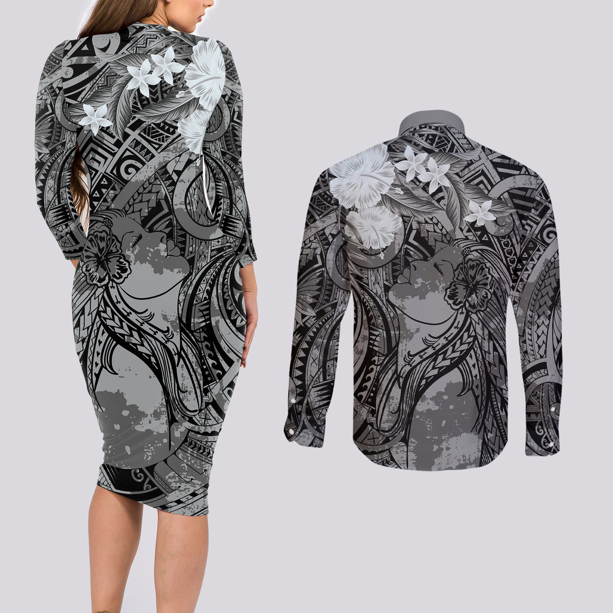 Pacific Beauty Girl Couples Matching Long Sleeve Bodycon Dress and Long Sleeve Button Shirt Black Polyneisan Tribal Vintage Motif LT9 - Polynesian Pride