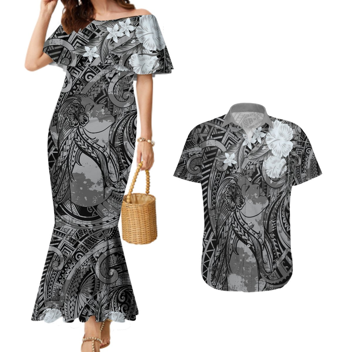 Pacific Beauty Girl Couples Matching Mermaid Dress and Hawaiian Shirt Black Polyneisan Tribal Vintage Motif LT9 Black - Polynesian Pride