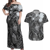Pacific Beauty Girl Couples Matching Off Shoulder Maxi Dress and Hawaiian Shirt Black Polyneisan Tribal Vintage Motif LT9 Black - Polynesian Pride