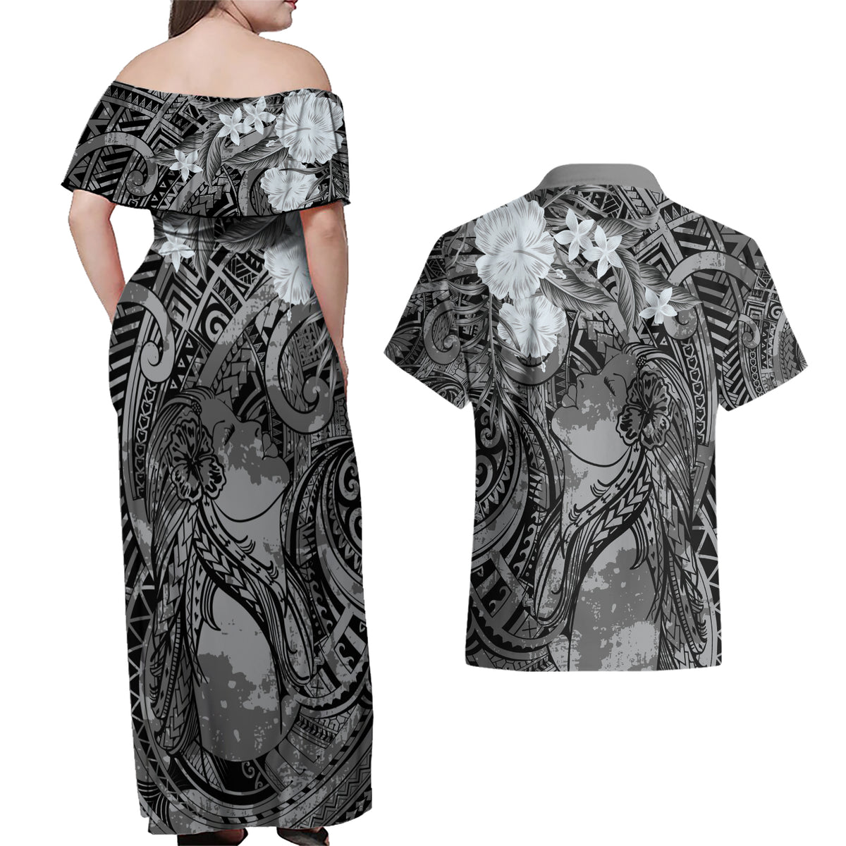 Pacific Beauty Girl Couples Matching Off Shoulder Maxi Dress and Hawaiian Shirt Black Polyneisan Tribal Vintage Motif LT9 - Polynesian Pride