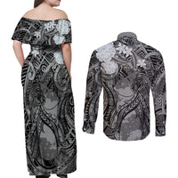 Pacific Beauty Girl Couples Matching Off Shoulder Maxi Dress and Long Sleeve Button Shirt Black Polyneisan Tribal Vintage Motif LT9 - Polynesian Pride