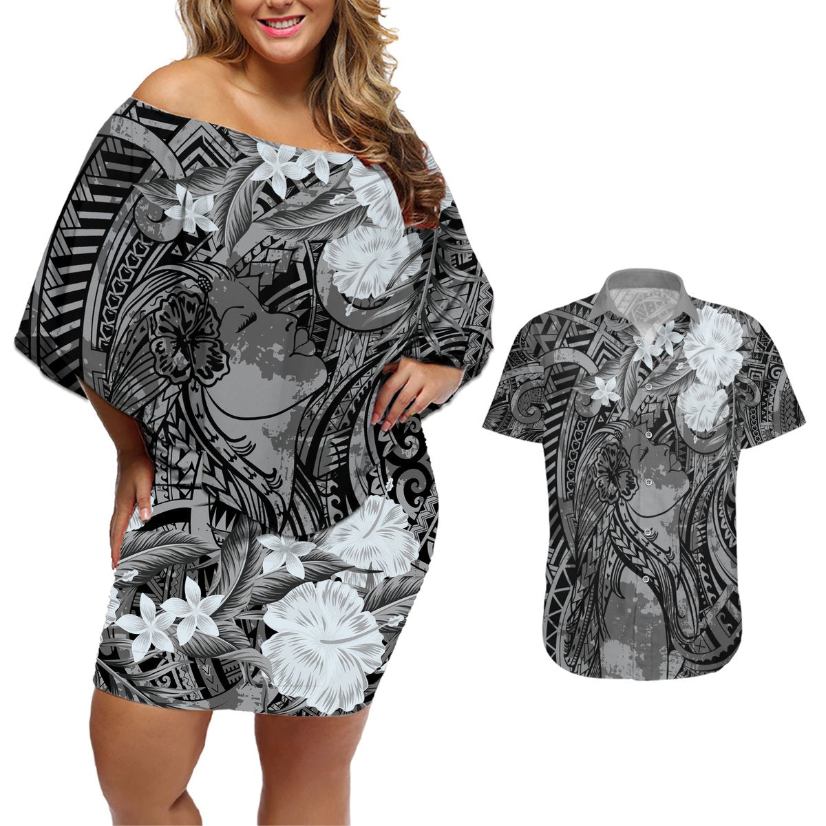 Pacific Beauty Girl Couples Matching Off Shoulder Short Dress and Hawaiian Shirt Black Polyneisan Tribal Vintage Motif