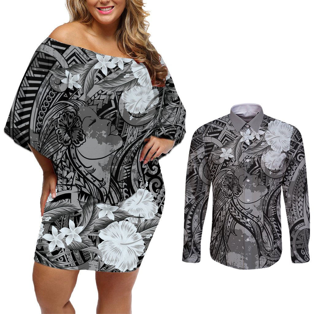 Pacific Beauty Girl Couples Matching Off Shoulder Short Dress and Long Sleeve Button Shirt Black Polyneisan Tribal Vintage Motif