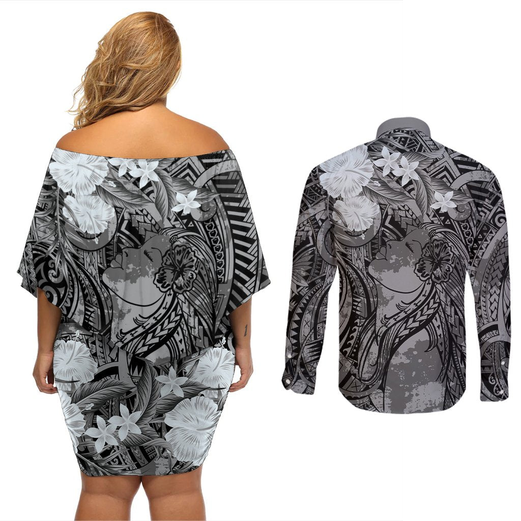 Pacific Beauty Girl Couples Matching Off Shoulder Short Dress and Long Sleeve Button Shirt Black Polyneisan Tribal Vintage Motif LT9 - Polynesian Pride